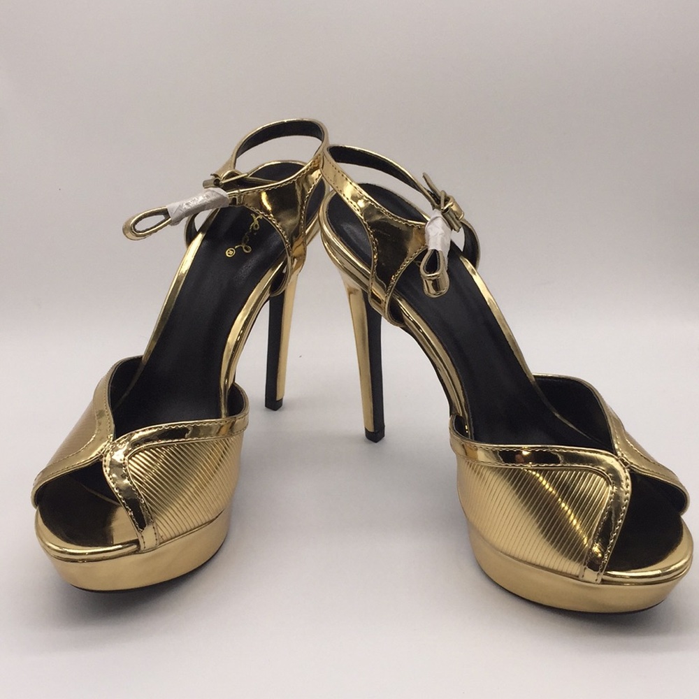 Qupid Ladies Platform Heels Pumps 5” Gold Shiny Metallic Open Toe Size 8